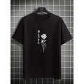 Men's Classic Black Cotton T-Shirt with Elegant White Rose Graphic - Casual Crew Neck, Short Sleeve, Machine Washable - Ideal for Summer Made in USA