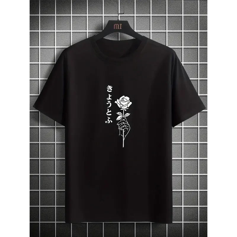 Men's Classic Black Cotton T-Shirt with Elegant White Rose Graphic - Casual Crew Neck, Short Sleeve, Machine Washable - Ideal for Summer Made in USA
