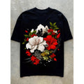 Men's Crew Neck Short Sleeve T-Shirt with White and Red Blooming Flowers Print, Fit for Exercise Made in USA