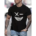 Men's Evil Smiling Face Pattern Crew Neck And Short Sleeve T-shirt, Trendy And Stylish Tops For Summer Street Wear, Tops As Gifts Made In USA
