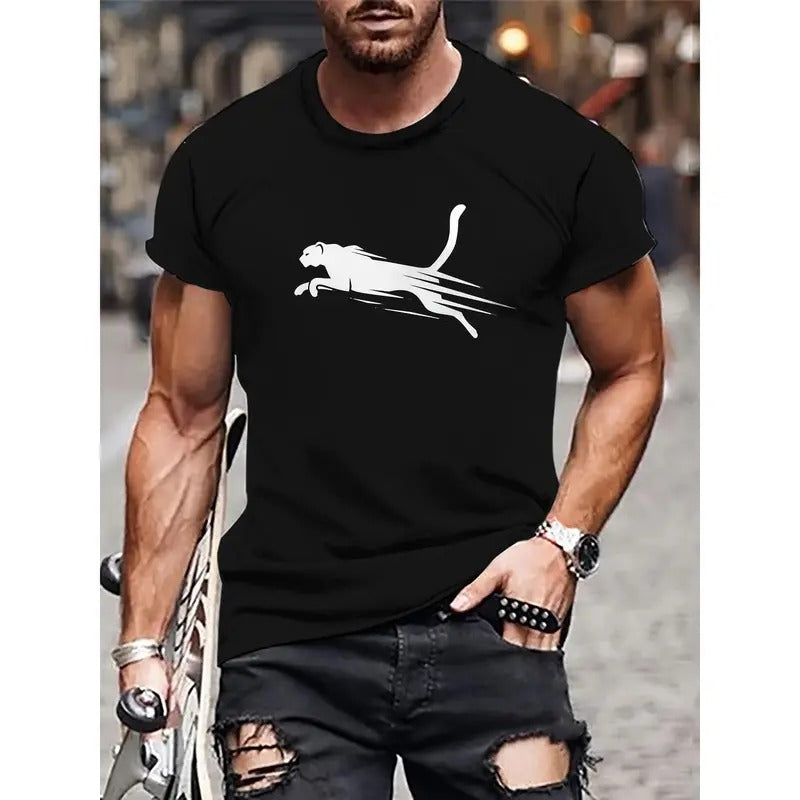 Men's Leopard Graphic Print T-shirt, Short Sleeve Crew Neck Tee, Men's Clothing For Summer Outdoor Made in USA
