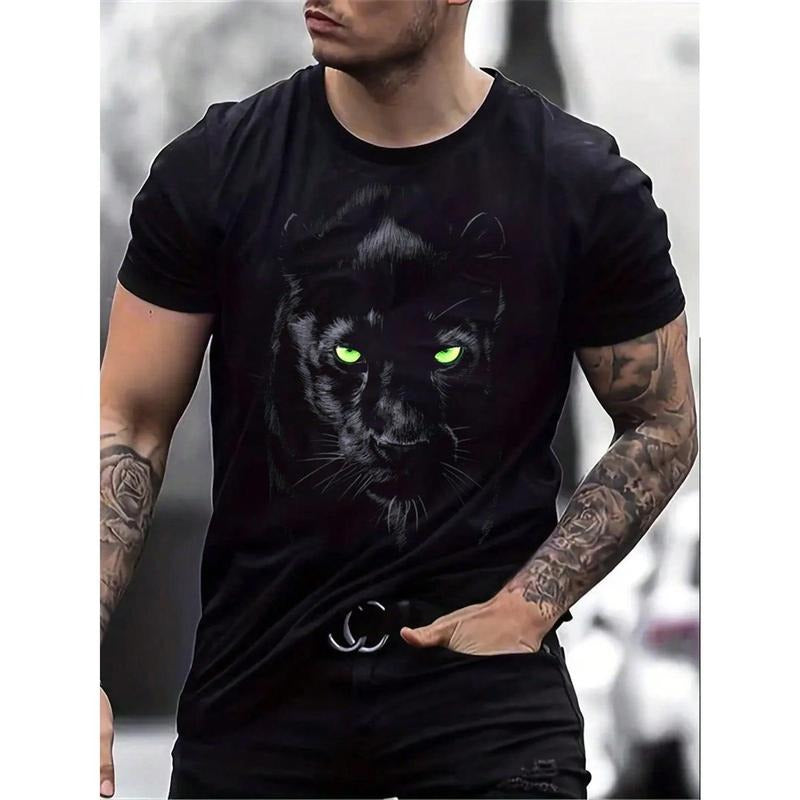 Men's Lion Printed Round Neck Short Sleeve Casual T-Shirt, Summer Made in USA