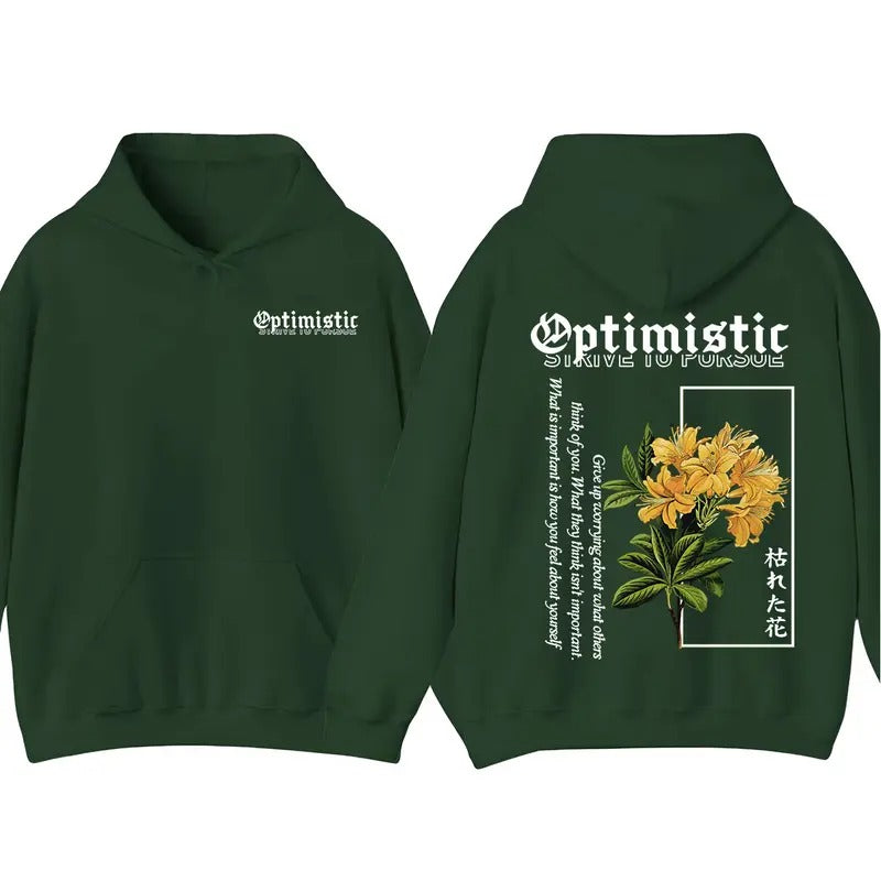 Men's Optimistic Hoodie T-Shirt with Flower Print, Motivational Graphic Apparel, Aesthetic Menswear Tops, Comfortable Casual Wear for Summer Outdoors