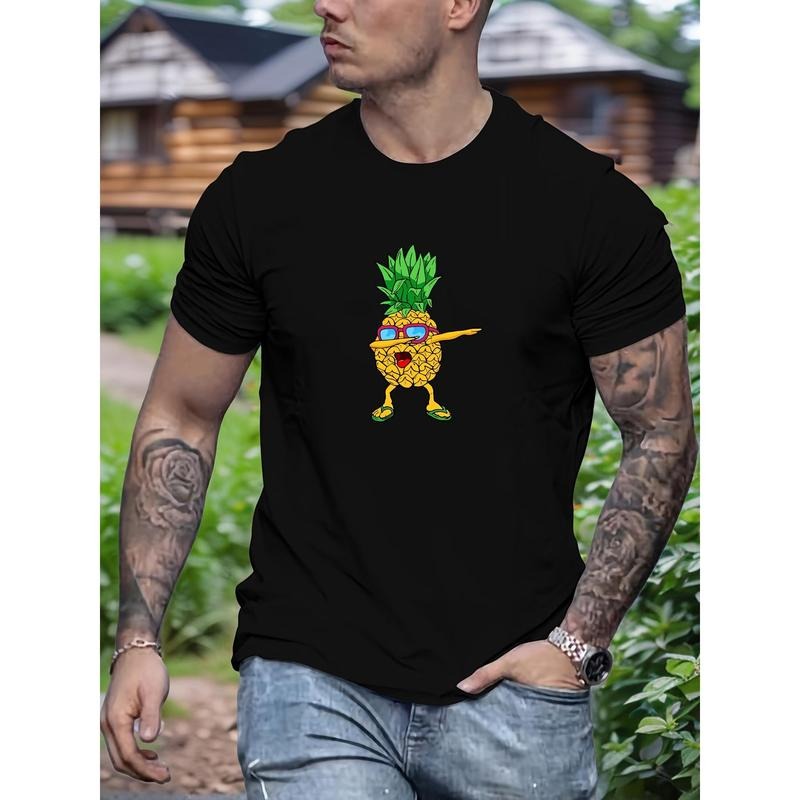 Men's Pineapple Print Casual T-Shirt - Breathable Polyester, Crew Neck, Short Sleeve - Perfect for Summer made in usa
