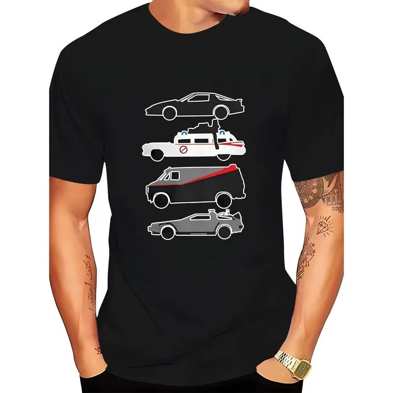 Men's Premium Casual Graphic Tee - Stylish Black Short Sleeve T-Shirt with Unique Car Print, Round Neck, Summer Fashion, Machine Washable, Cotton & Elastane Blend Made in USA