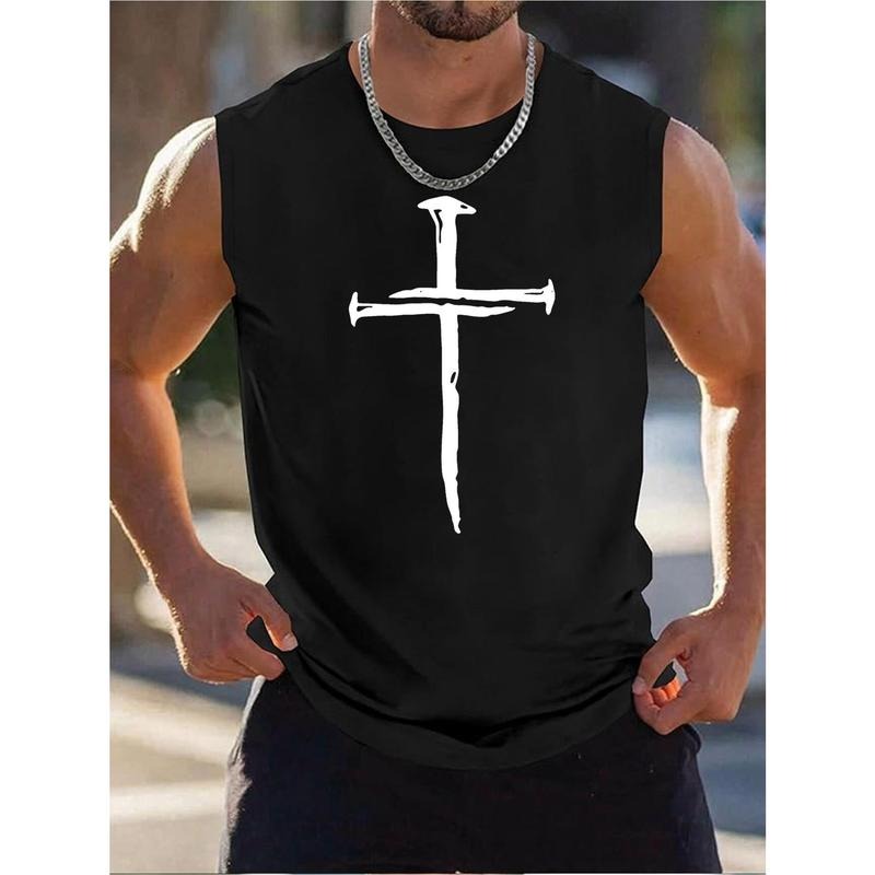 Men's Quick-Dry Athletic Tank Top - Sleeveless Gym, Swim, and Running Shirt with Bold Cross Print, Big and Tall, Black Cotton Blend, Minimalist Christian Design for Workout or Beach, Gym Clothes