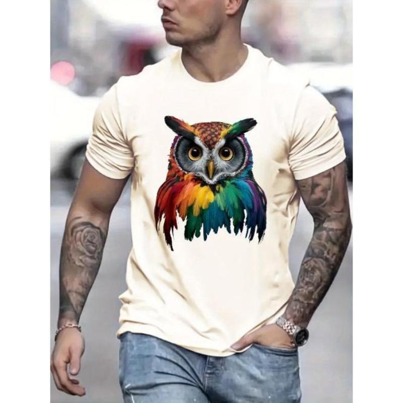 Men's Simple Style Owl Print Round Crew Neck Short Sleeve Tee, Casual Comfy Breathable Fashion Regular Fit T-Shirt for Spring Summer Holiday Leisure Vacation Made In USA