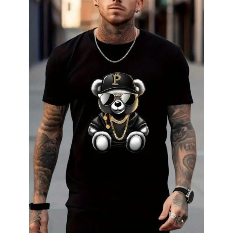 Men's T-shirt, Sunglasses Bear Print Short Sleeve Crew Neck Tees For Summer, Casual Outdoor Comfy Clothing For Male Made In USA
