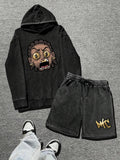 Men's Washed Distressed Cartoon Face Print Hoodie & Letter Print Drawstring Waist Shorts Two-Piece Set, Regular Fit Street Fashion Casual Comfy Long Sleeve Hooded Sweatshirt & Pocket Track Shorts for Daily Outdoor Wear, Men's Clothing for Summer, Cotton