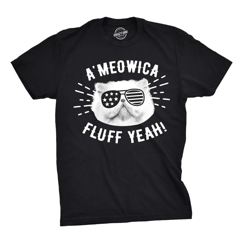 Mens A'Meowica Fluff Yeah T Shirt Funny 4th Of July Cat Tee For Guys Mens Funny T Shirts Cool Tees Soft Stylish Casual Menswear Patriotic Apparel for Men Funny Cat Short Sleeve Novelty Tees for Guys Black