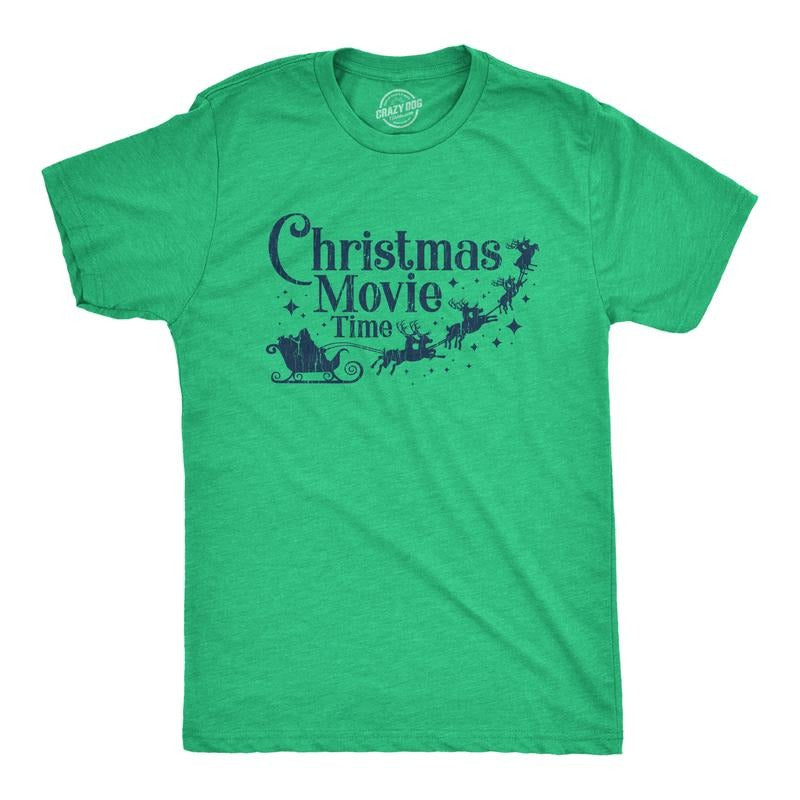 Mens Christmas Movie Time T Shirt Funny Holiday Tradition Santa Claus Graphic Novelty Tee Mens Funny T Shirts Cool Tees Soft Stylish Casual Menswear Christmas Apparel for Men Funny Movie Short Sleeve Green