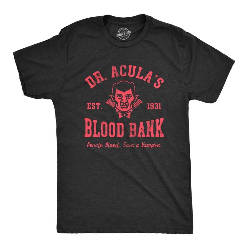 Mens Dr Aculas Blood Bank T Shirt Funny Scary Halloween Party Vampire Donor Tee for Guys Mens Funny T Shirts Cool Tees Soft Stylish Casual Menswear Halloween Apparel for Men Funny Sarcastic Short Black - Dr