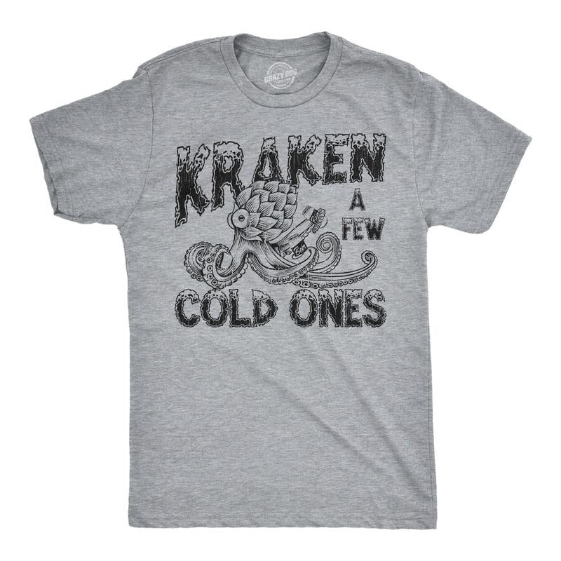 Mens Funny T Shirts Kraken A Few Cold Ones Ocean Giant Squid Drinking Tee For Men Mens Funny T Shirts Cool Tees Soft Stylish Casual Menswear Animal Apparel for Men Funny Drinking Short Sleeve Novelty Light Grey