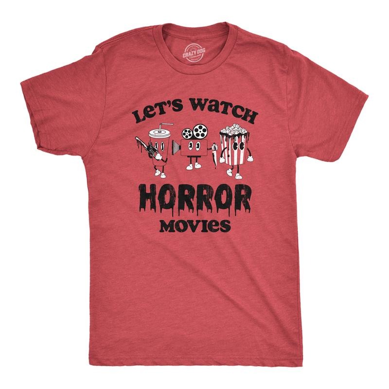 Mens Lets Watch Horror Movies T Shirt Funny Spooky Scary Film Lovers Tee For Guys Mens Funny T Shirts Cool Tees Soft Stylish Casual Menswear Funny Movie Short Sleeve Novelty Tees for Guys Red -