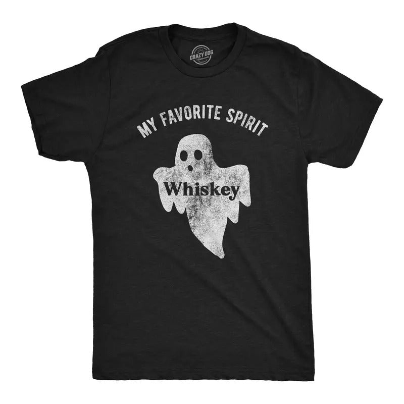Mens My Favorite Spirit Whiskey T Shirt Funny Halloween Ghost Drinking Party Tee Mens Funny T Shirts Cool Tees Soft Stylish Casual Menswear Halloween Apparel for Men Funny Drinking Short Sleeve Black