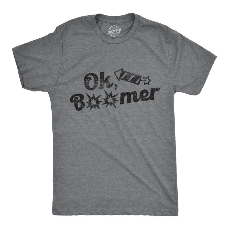 Mens Ok Boomer Fireworks T Shirt Funny 4th Of July Graphic Novelty Tee Mens Funny T Shirts Cool Tees Soft Stylish Casual Menswear Patriotic Apparel for Men Novelty Tees for Guys Dark Grey
