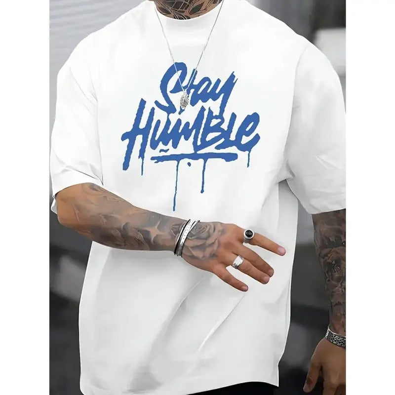 Mens Relaxed Fit Humble Tee - Soft Blue Short Sleeve Summer Top with "Stay Humble" Letter Print - Casual Novelty T-Shirt for Everyday Wear Made in USA