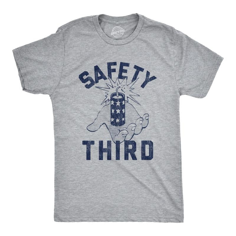 Mens Safety Third T Shirt Funny 4th of July Fireworks Show Summer Graphic Novelty Tee Mens Funny T Shirts Cool Tees Soft Stylish Casual Menswear Sarcastic Apparel for Men Funny Patriotic Short Sleeve Light Grey