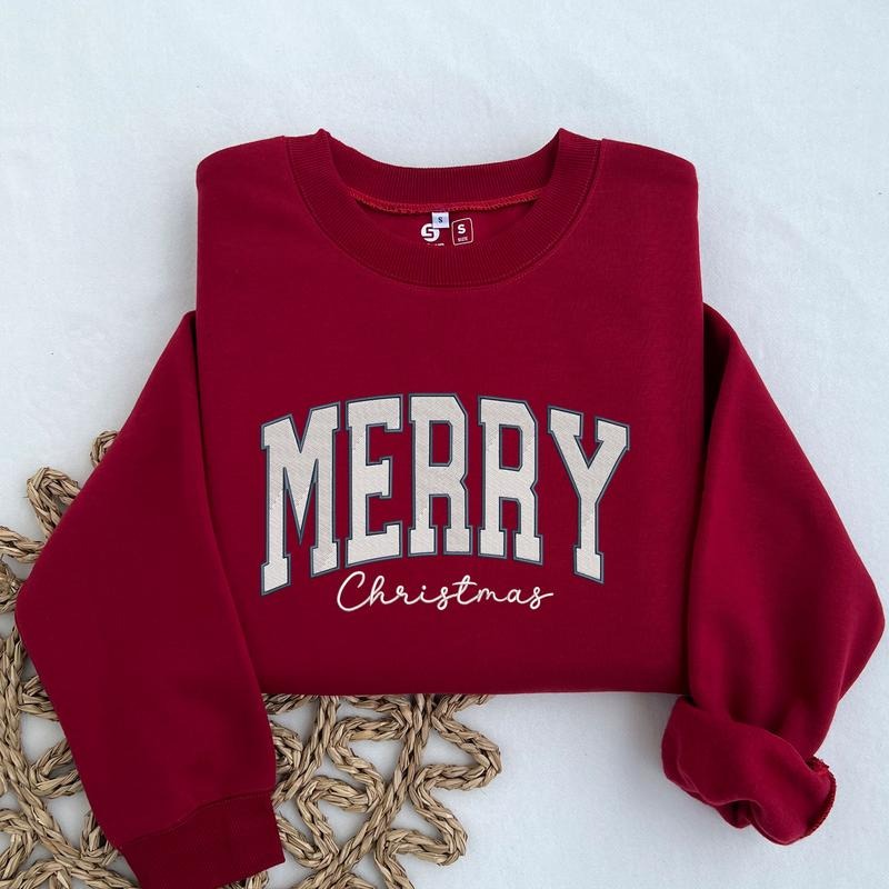 Merry Christmas Embroidered Sweatshirt, Trendy Christmas Sweatshirt, Cute Winter Shirt, Christmas Shirt for Women
