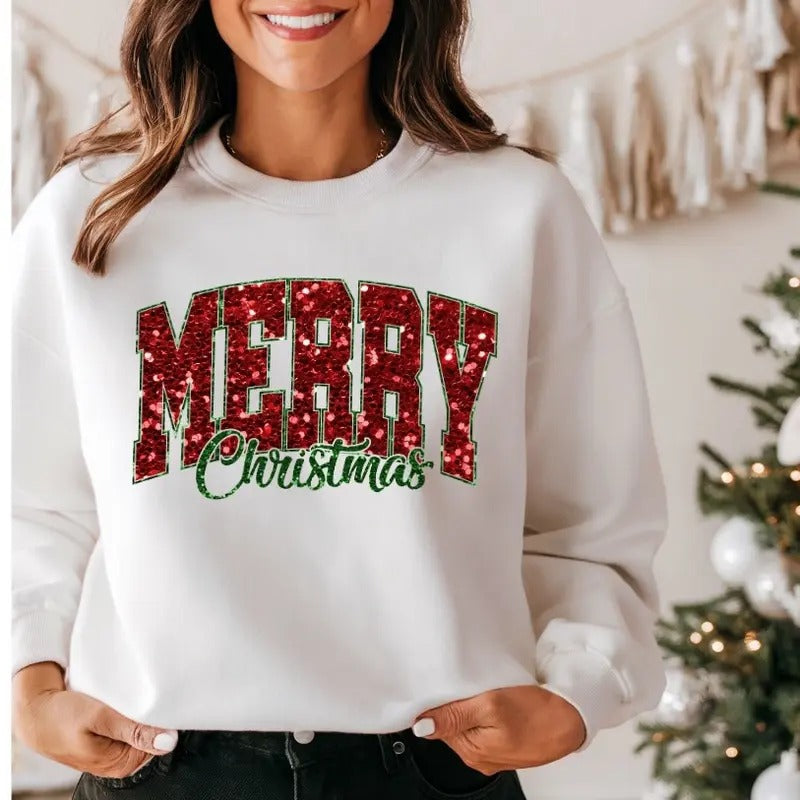 Merry Christmas Glitter Faux Sequin Fleece Crewneck Sweatshirt