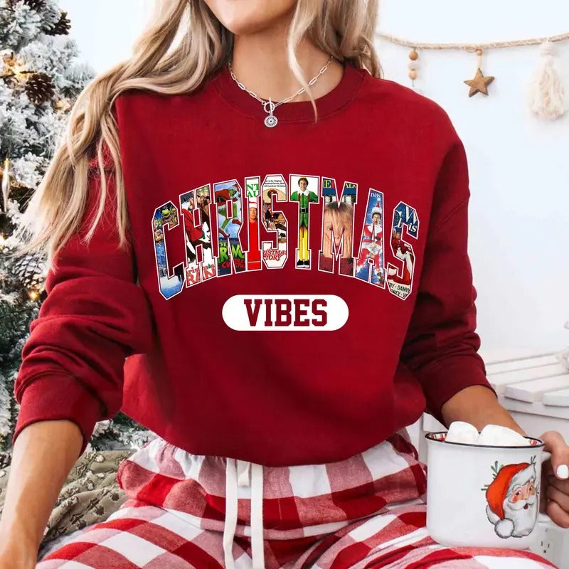 Merry Christmas Vibes 90s Movies Shirt Crewneck Sweatshirt, Christmas Shirt for Movies Lovers Cotton Womenswear