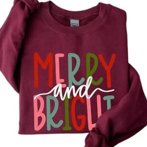 Merry and Bright Sweatshirt, Merry Christmas Minimalistic Christmas Sweatshirt, Family Christmas Sweatshirts for Women Cotton Comfortable