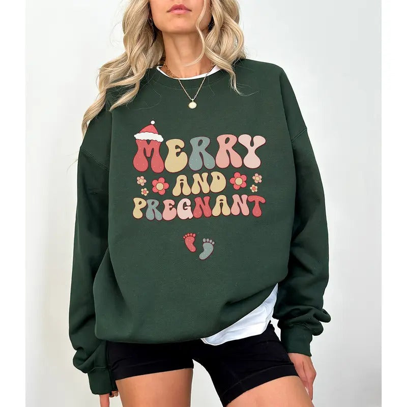 Merry and Pregnant Sweatershirt for Women Christmas Pregnancy Announcement Pullover Funny Sweater
