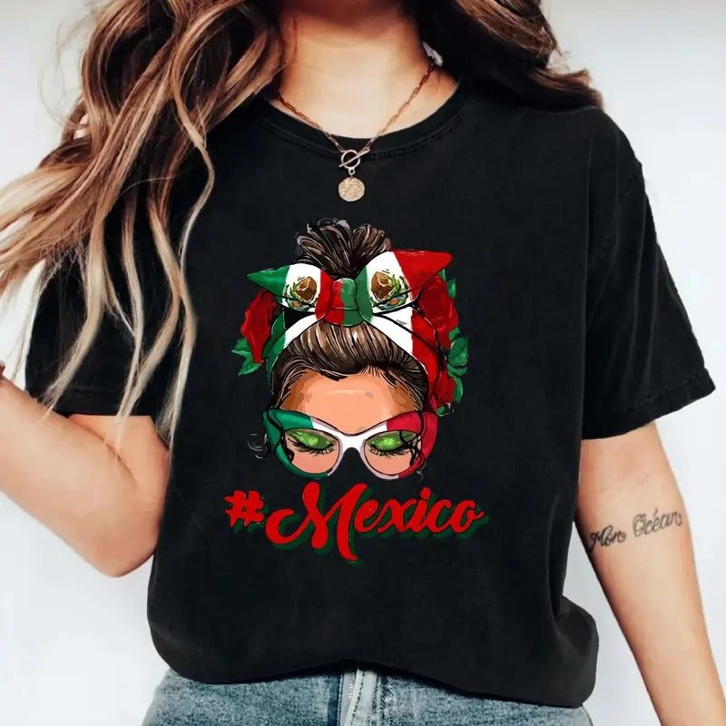 Mexico Messy Bun Shirt, Mexican Flag Shirt For Woman, Cute Latina Gift Tee For Mom, Proud Mexican T-shirt. shirtslatinas