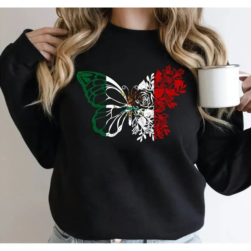 Mexico Mexican Flag Butterfly Independence Day Mexican Pride T Shirt Sweater Hoodie, Unisex Sweater Pullover Tee