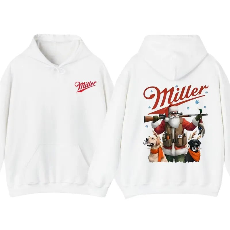 Miller Lite Christmas Hoodie T-Shirt, Featuring Santa Claus With Rifle And Festive Dogs Graphic, For Men And Women, Unisex Hoodie