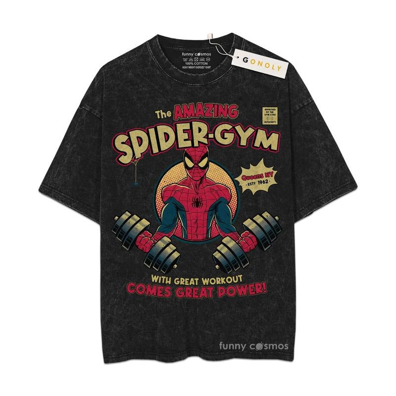 [ Mineral Wash ] Retro Funny The Amazing Superhero, Great Power Gym Tee, Fan Lovers Streetwear & Washed Gym Style Shirt