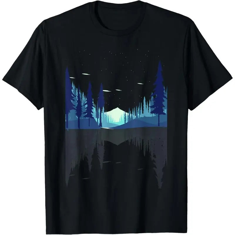 Moonlight Mountains Nature Trees Wildlife Forest Hiking T-Shirt Made in USA