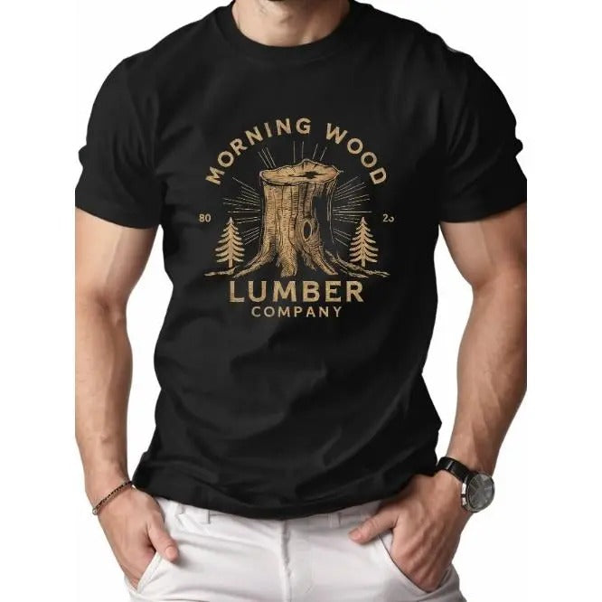 Morning Wood Tree Stump Graphic Tee - Soft Pure Cotton, Comfort Fit, Relaxed Style, Casual Wear, Unique Design, Short Sleeve, Men's T-Shirt for Everyday Wear Made in USA