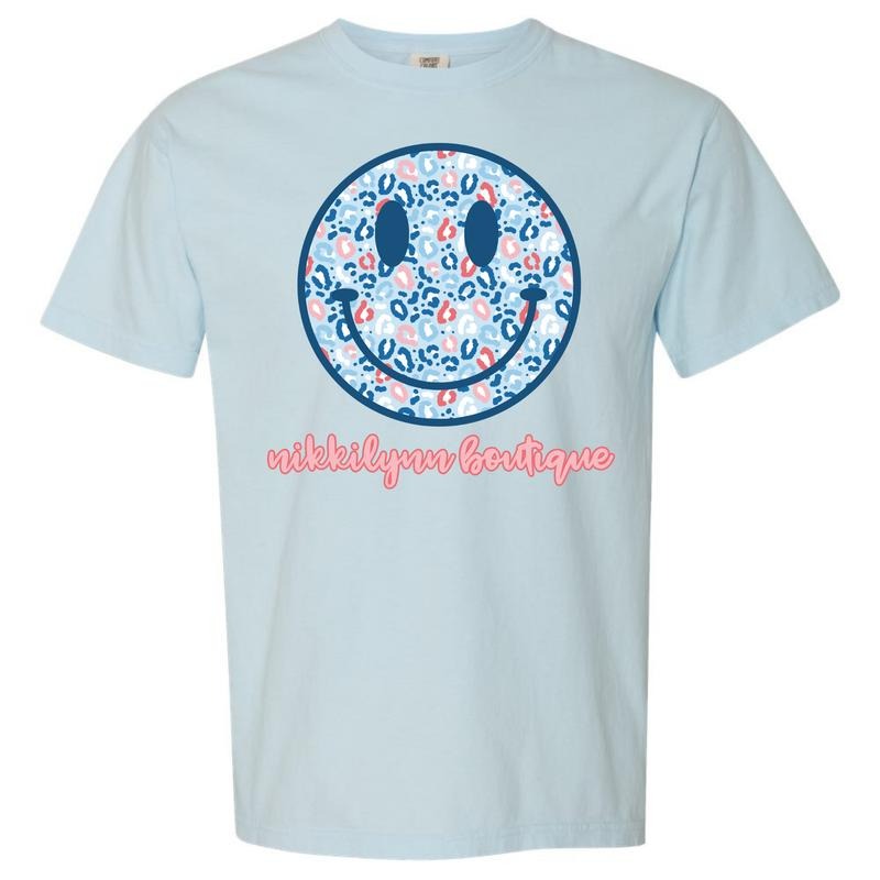 NLB Merch - Blue Patriotic Cheetah Happy Face Comfort Colors T-Shirt