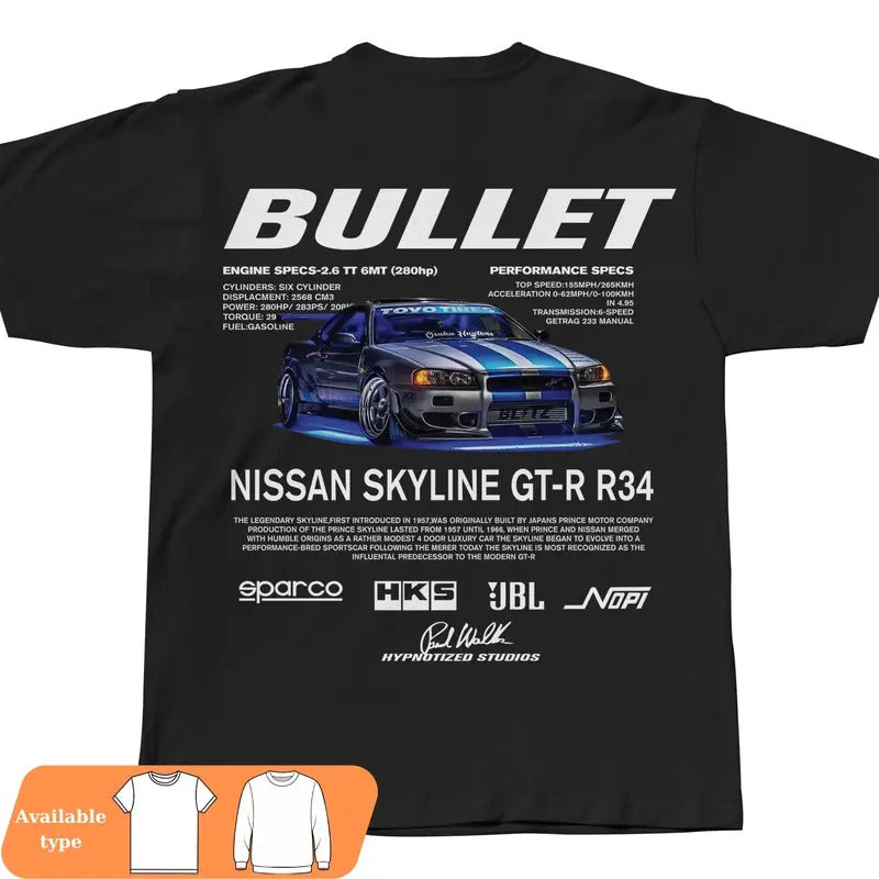 Nissan Skyline GTR R34 Bullet T-Shirt, Car shirt, JDM Nissan Skyline Shirt, Car Enthusiast shirt, Skyline and GTR Fans shirt
