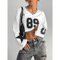 Number Graphic Jersey Crop Top Shirts Y2K 90s Bell Long Sleeve V Neck Graphic Tee