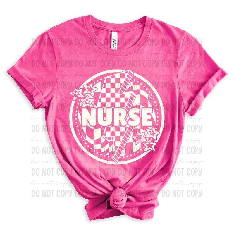 Nurse Bolt Checkered Circle DTF Transfers - THIS IS NOT A SHIRT