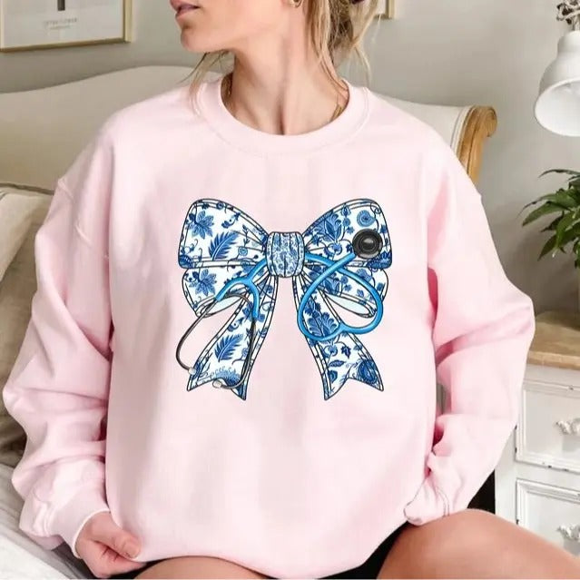 Nurse Stethoscope Chinoiserie Coquette Bow Sweater, Blue Ribbon Shirt for Nurses, Nurse Gift, Gift for Her