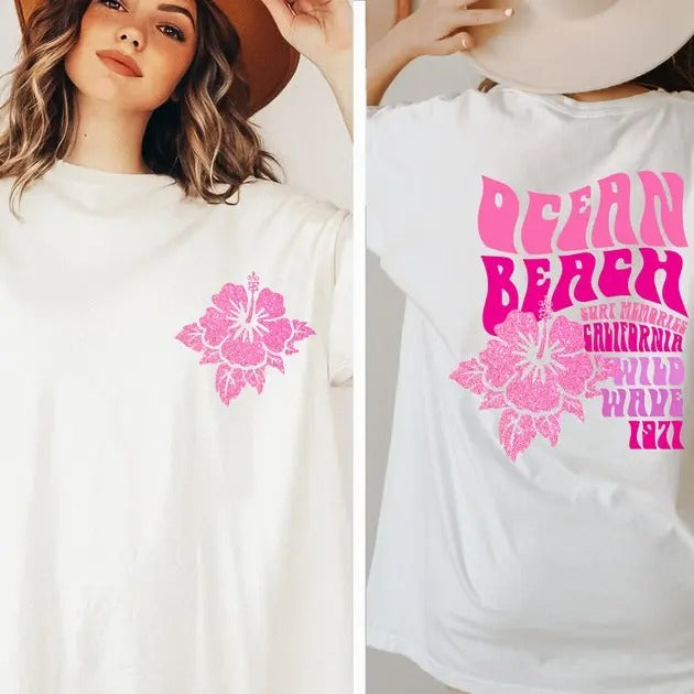 Ocean Beach Hoodie, Preppy Surf Memories California Sweatshirt, Trendy Embroidered T-Shirt For Surfer Girl | GrindPrints.com