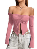Off Shoulder Drawstring Ruched Crop Top Y2K Split Hem Tie Front Long Sleeve T-Shirts Top