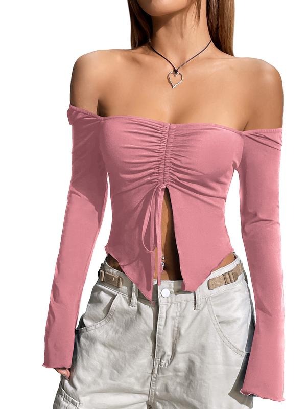 Off Shoulder Drawstring Ruched Crop Top Y2K Split Hem Tie Front Long Sleeve T-Shirts Top