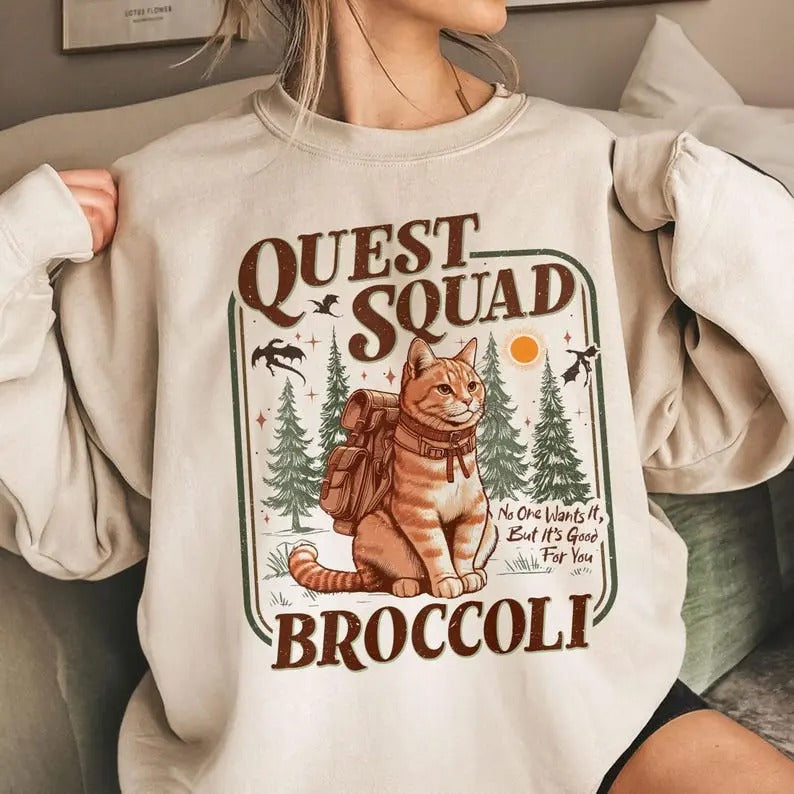 Onyx Storm Quest Squad Broccoli Sweatshirt, Broccoli Cat TShirt, Ridoc Romantasy Fan Shirt Casual Fabric