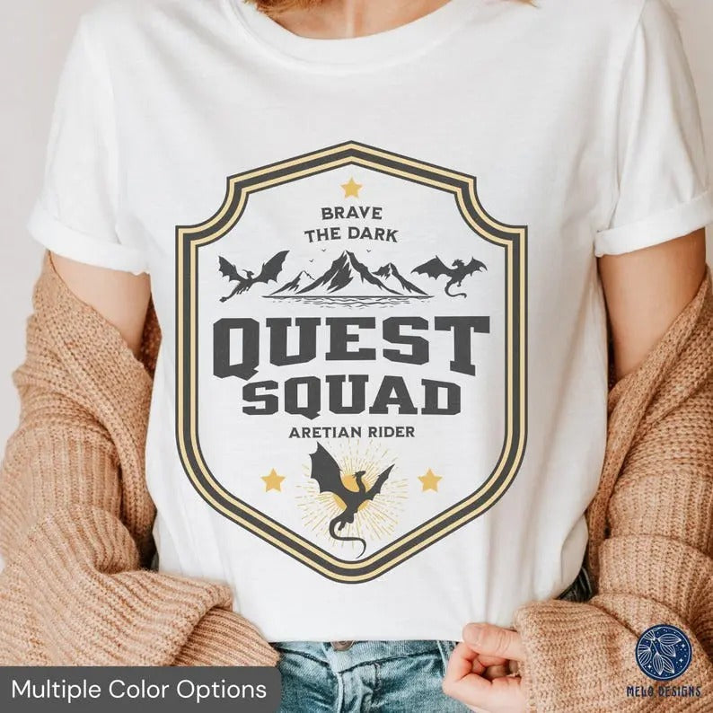 Onyx Storm Shirt Quest Squad tee Badge Fourth Wing Merch Xaden Riorson Violet bookish top romantasy fan Ridoc tshirt Dragon Aretian Rider