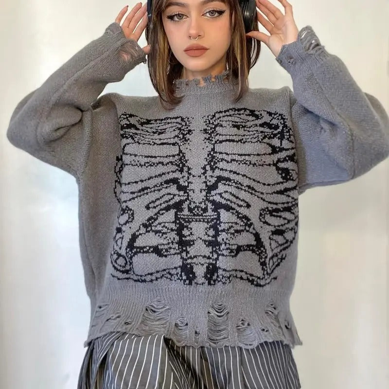 Oversized Skeleton Pattern Ripped Round Neck Sweater Pullover