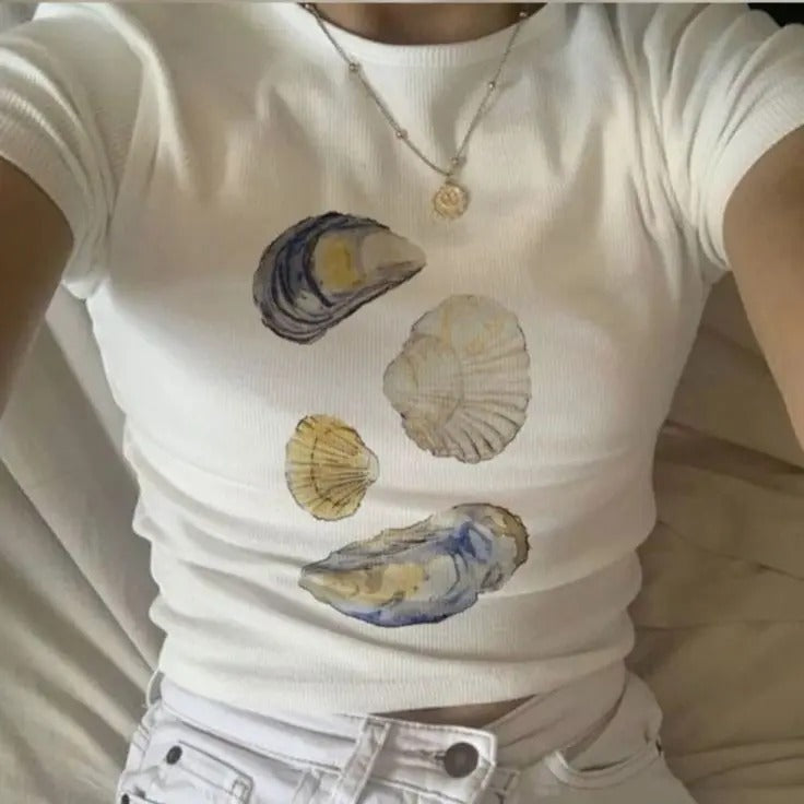 Oyster Y2K Baby Tee, Mermaidcore Shirt, 90s Baby Tee, Downtown Teenage Girl Gift, Oceancore Clothing Crop Top, Seafood Summer Shirtstyle{n002}2