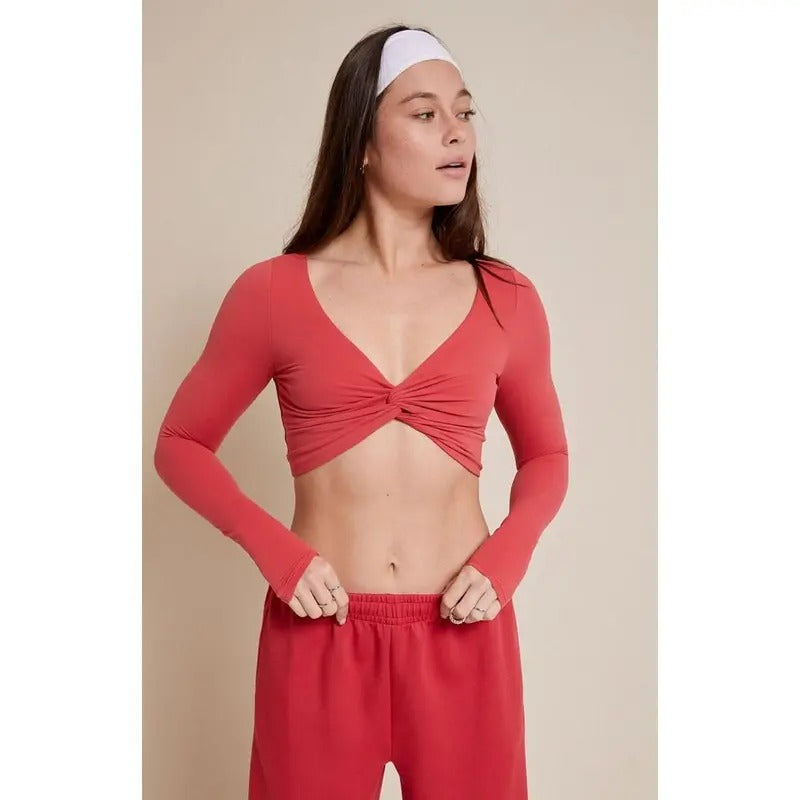 PAC 1980 Women's Active Red Twist Front Knotted Long Sleeve Top