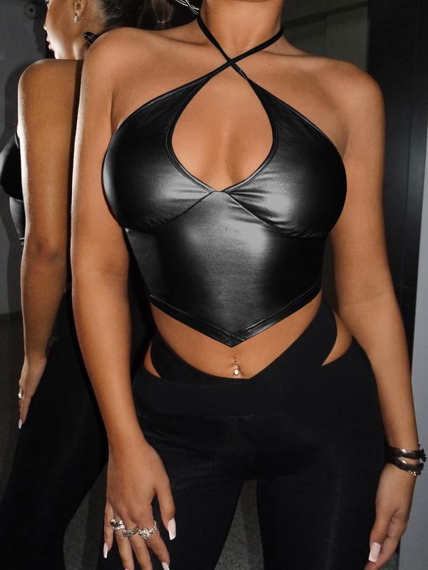 PU Leather Criss Cross Halter Tie Back Asymmetrical Crop Cami TopY2K