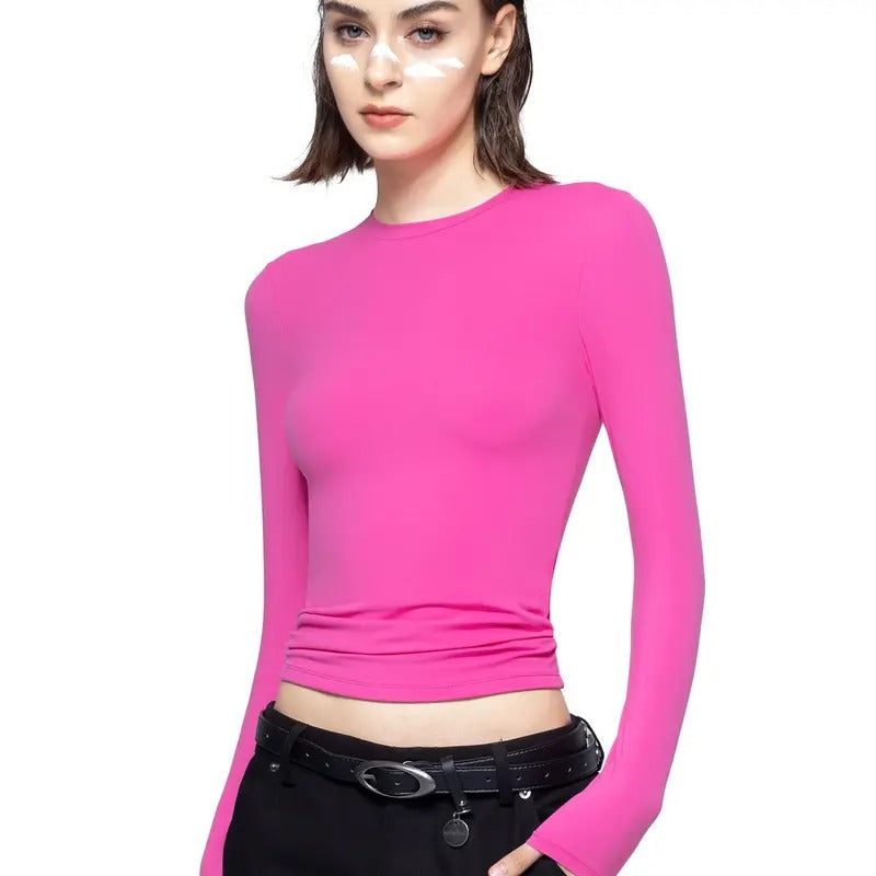 PUMIEY Crew Neck Slim Fit Tops Long Sleeve T-Shirts Sexy Basic Tee