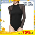 PUMIEY Mesh Long Sleeve Bodysuit for Women Crew Neck Body Suits Sexy Sheer Tops Womenswear Underwear Minimalist Round Neck bodysuit  chanclas candice  swanepoel