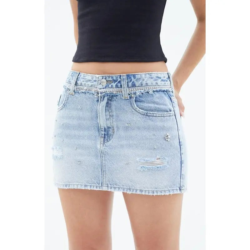 PacSun Women's Light Indigo Rhinestone Mid Rise Denim Mini Skirt - Multicolor